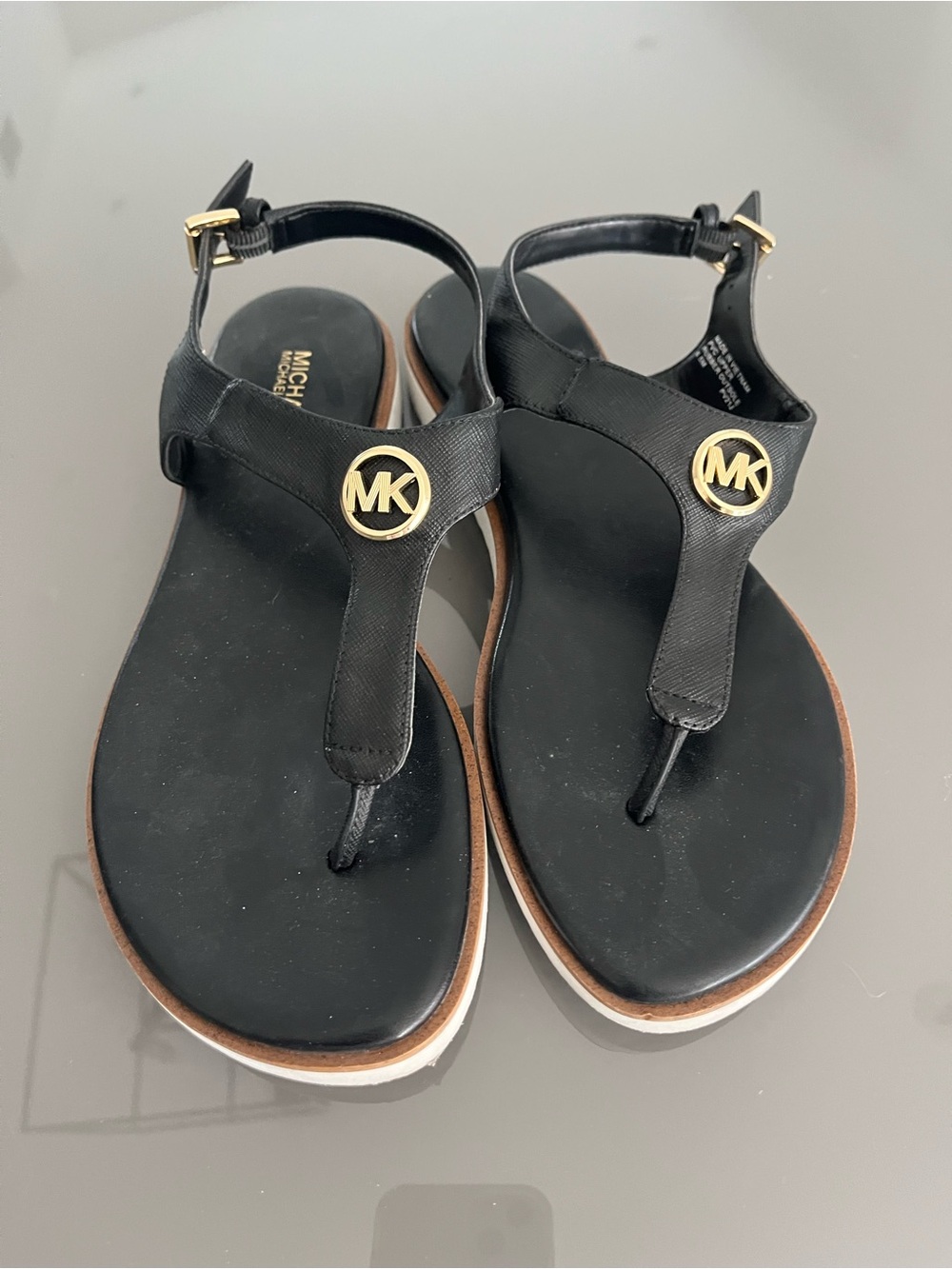Michael Kors Black Sandal with Gold MK Emblems